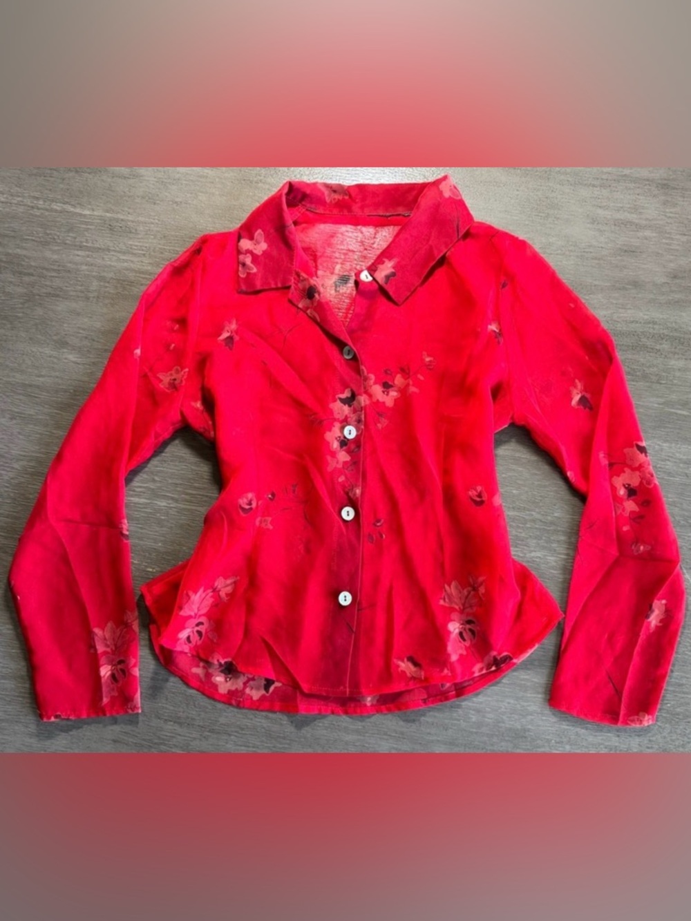 Vintage Sheer Button Down Shirt Maroon Floral S